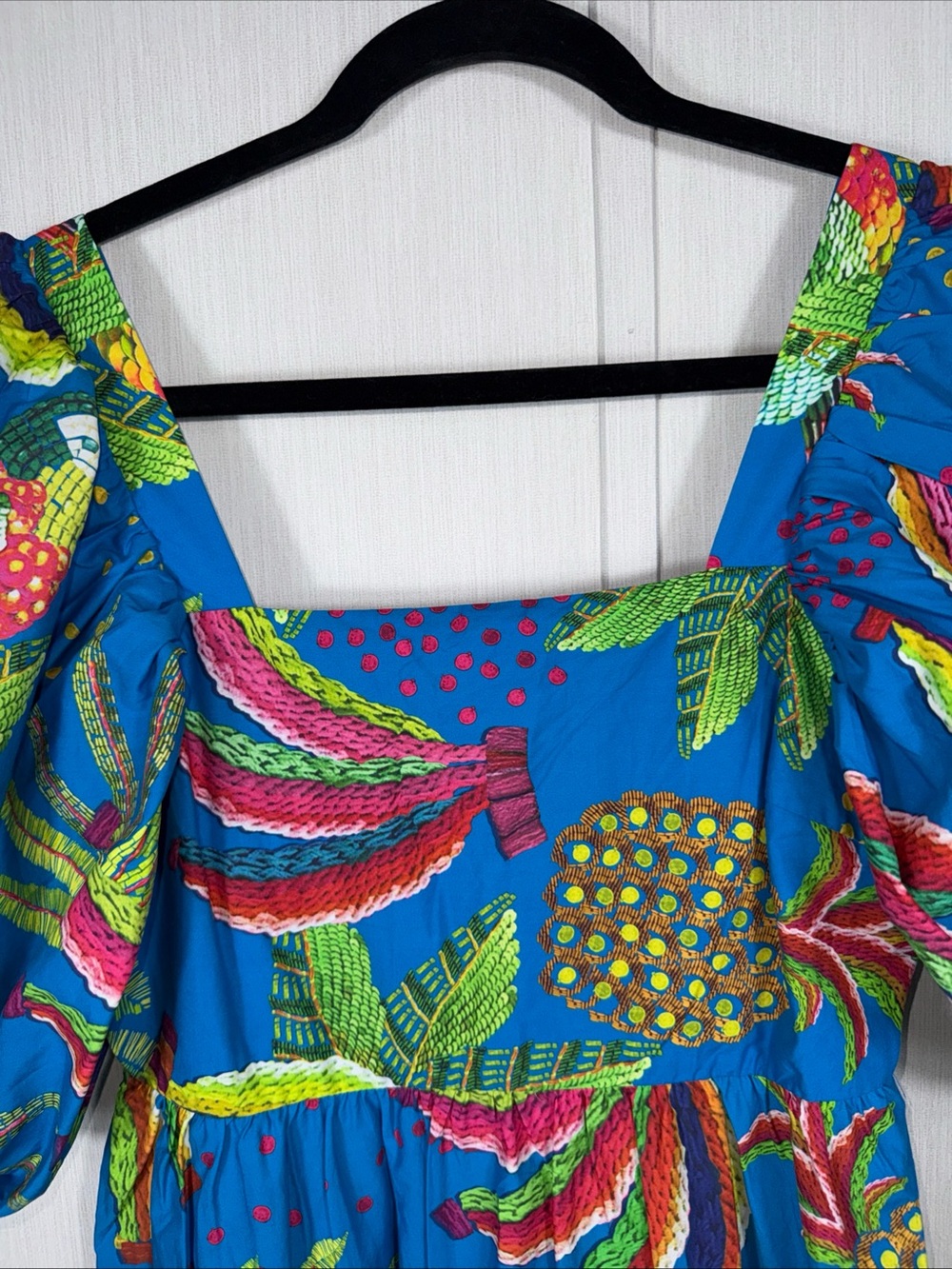 Farm Rio S Pineapple Dress Puff Sleeve Floral Tiered Midi Anthropologie Blue - Picture 2 of 10